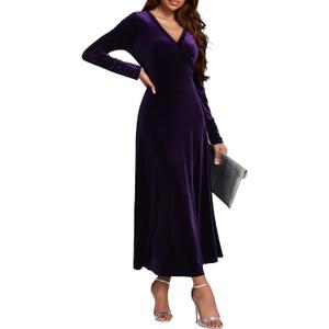 UUXQOYGR Women Velvet Maxi Dress Long Sleeve XL (Purple)