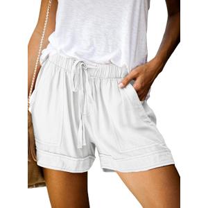 Acelitt 2024 Summer Fashion Casual Shorts Comfy Trendy Drawstring Elastic Waist Beach Linen (White, M)