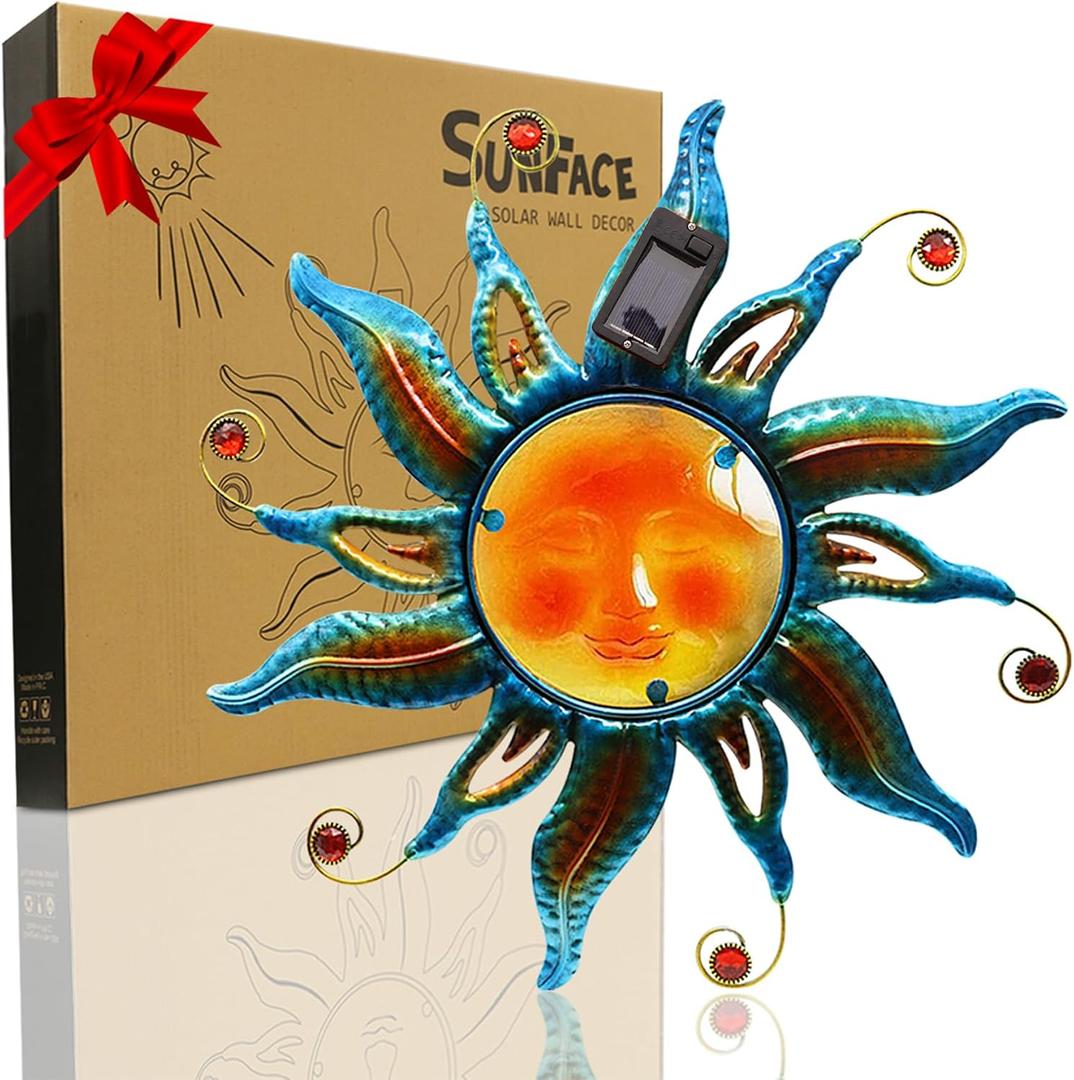 Solar Sun Wall Art - 18" Smiling Sun Face with LED Lights, 17.8"L x 1.4"W
