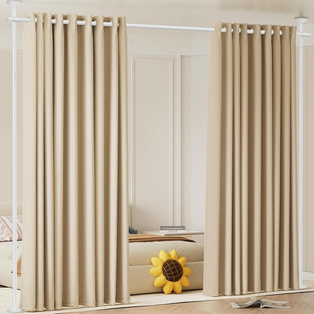Room Divider Curtain Rod, No Drilling Tension Rod for Room Separation, 4-10ft(H) 28-70inch(W) Adjustable Heavy Duty Floor to Ceiling Portable Hanging Wall Divider for Space Partitions, White (White)
