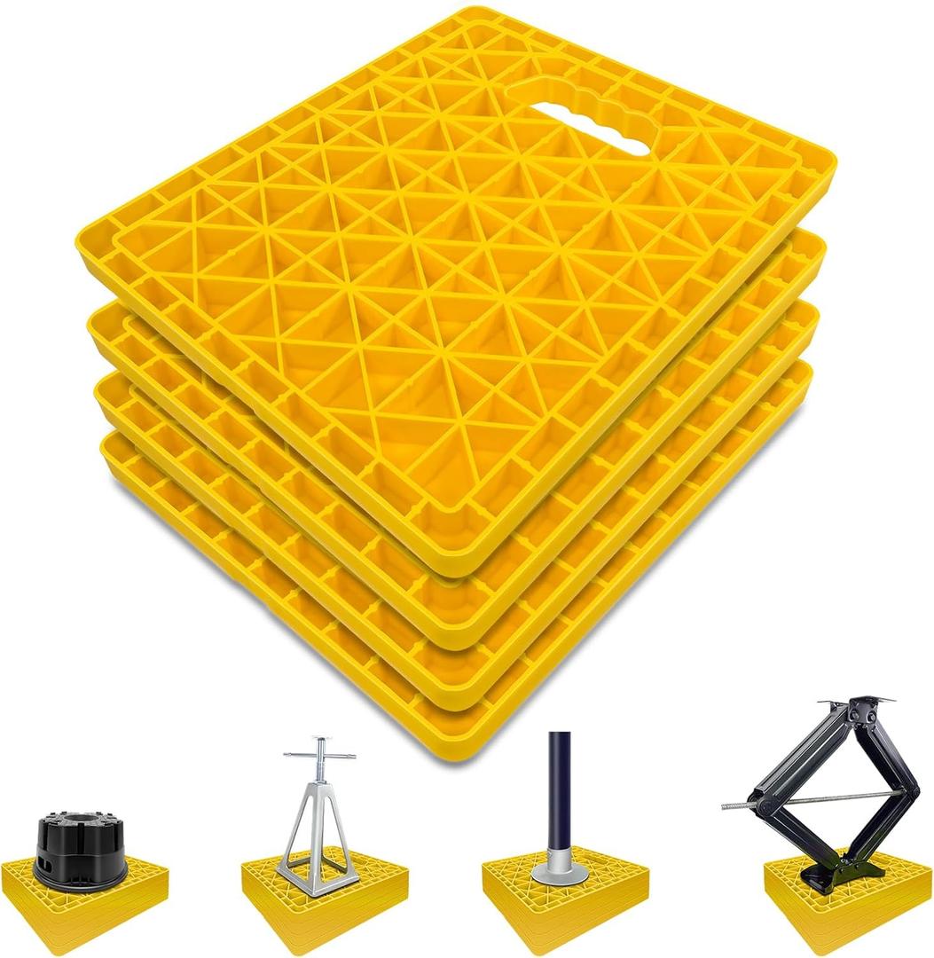 ROBLOCK Large RV Jack Stabilizer Pads,Sinking Resistant Stackable Camper Stabilizer Pads with Easy-Grip Handle and Handy Strap, Easy Storage & Organization, Yellow 4 Pack 14" x 12"