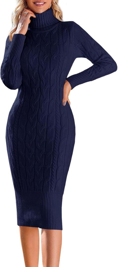 Fangetey Womens Long Sleeve Turtleneck Sweater Dresses Knitted Bodycon Midi Sheath Jumper Dresses (Large, Navy Blue)