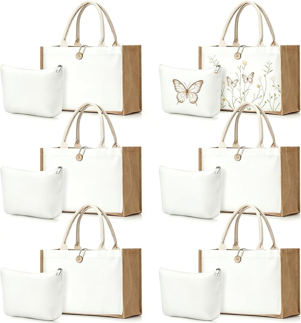 12 Pcs Sublimation Blank Canvas Tote Bag and White Small Makeup Bags Set for Women Reusable Polyester Burlap Personalized Tote Bag Blank Pouch for DIY Crafting Shopping Custom Gifts