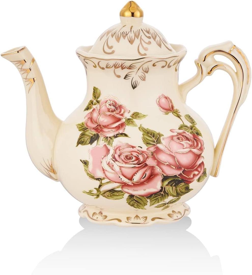 Ceramic Tea Pot, 25 OZ/3 Cup Small Ivory Rose Vintage Floral Porcelain Teapot with Gold Trim, European Style, Gift for Women, Decorative Ideas (Pink Rose)