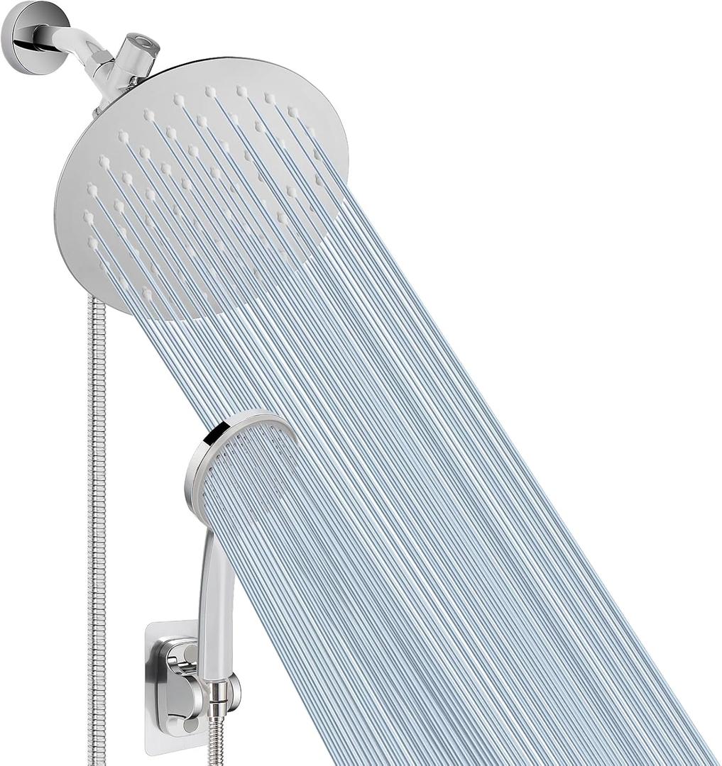 NearMoon Shower Head with Hose, High-Pressure Stainless Steel 8'' Rain Shower and 5 Settings Handheld Shower Spray Combo with Push Button Flow Control for Easy Operation (Chrome)
