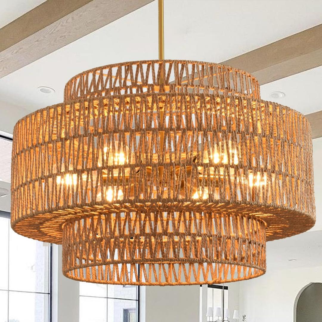 Boho Rattan Chandelier, 6-Light Dining Room Light Fixture,23.62" Wicker Pendant Lighting with3-Tier Woven Lampshade, Large Farmhouse Chandeliers for Kitchen