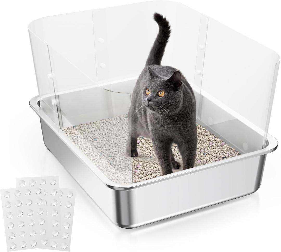 Upgraded Cat Litter Box Pee Shields, High Sided Litter Box Splash Guard, Strong Adhesion Easy Cleaning for Open Top Litter Pan 14.5710.63in (4Pcs)- with 72Pcs Replacement Stickers