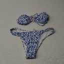 Floerns Women's Floral Print V Wired Summer Cheeky Thong Two Piece Bikini Swimsuit (X-Large, Blue and White)