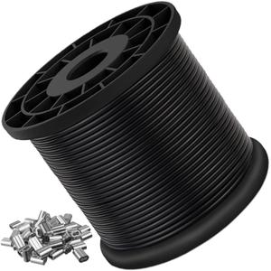 Vinyl Coated Wire Rope 304 Stainless Steel Coated Wire Cable-Black, 1/16" OD to 3/32" x 200FT, with Cable Cutter & 60 Pcs Crimping Sleeves-Cable for String Lights, Suitable for Clotheslines