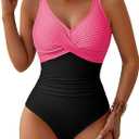 Pink Queen Women One Piece Swimsuit 2026 Patchwork Twist Front V Neck Ruched Tummy Control Swimwear Bathing Suits (Medium)