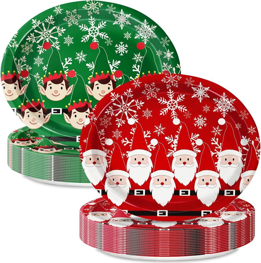 Oigco 30 Count Christmas Oval Paper Plates Large 9" X 11" Christmas Disposable Serving Platters for Holiday Xmas Dinnerware Table Decorations