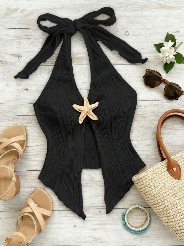 BEAUDRM Women's Y2k Textured Halter Going Out Top Starfish Deco Tie Backless Sleeveless Vest Tank Tops Party Clubwear Black Small