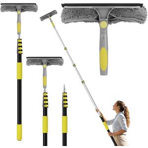 Window Squeegee with Extension Pole, 26FT Reach Squeegee for Window Cleaning, 2-in-1 Windows Washer, 180°Rotated Windows Cleaner Squeegees, Washable Window Squeegees for Home, Mirror, Car, 20FT