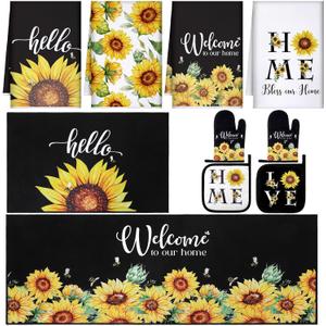 Fourluoo 10 Pcs Sunflower Kitchen Dish Towels Rugs Oven Mitts and Pot Holders Set Farmhouse Kitchen Decor Set for Women Mom Daughter Gift Cooking Baking Grilling (Bright Black Yellow)