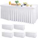 Wish Care 6 Pack White Spandex Table Clothes for 8 Foot Rectangle Tables, 8FT Wrinkle Free Fitted Tablecloths Ruffles Design Table Cover for Party, Banquet, Wedding and Events