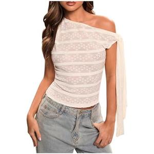MakeMeChic Women's Floral Lace Asymmetrical Neck Tank Top Knot Sleeveless Fitted Shirt, No Size