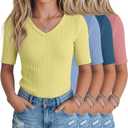 4 Pack Teen Girls T Shirts Kids Summer V Neck Tops Ribbed Basic Cute Tees Short Sleeve Clothes for Tween 5-14 Years