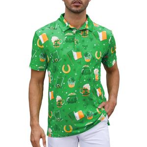 Mens Polo Shirts Short Sleeve Print Golf Shirts Gifts for Men (Large, Green Wine Glass/Flag)