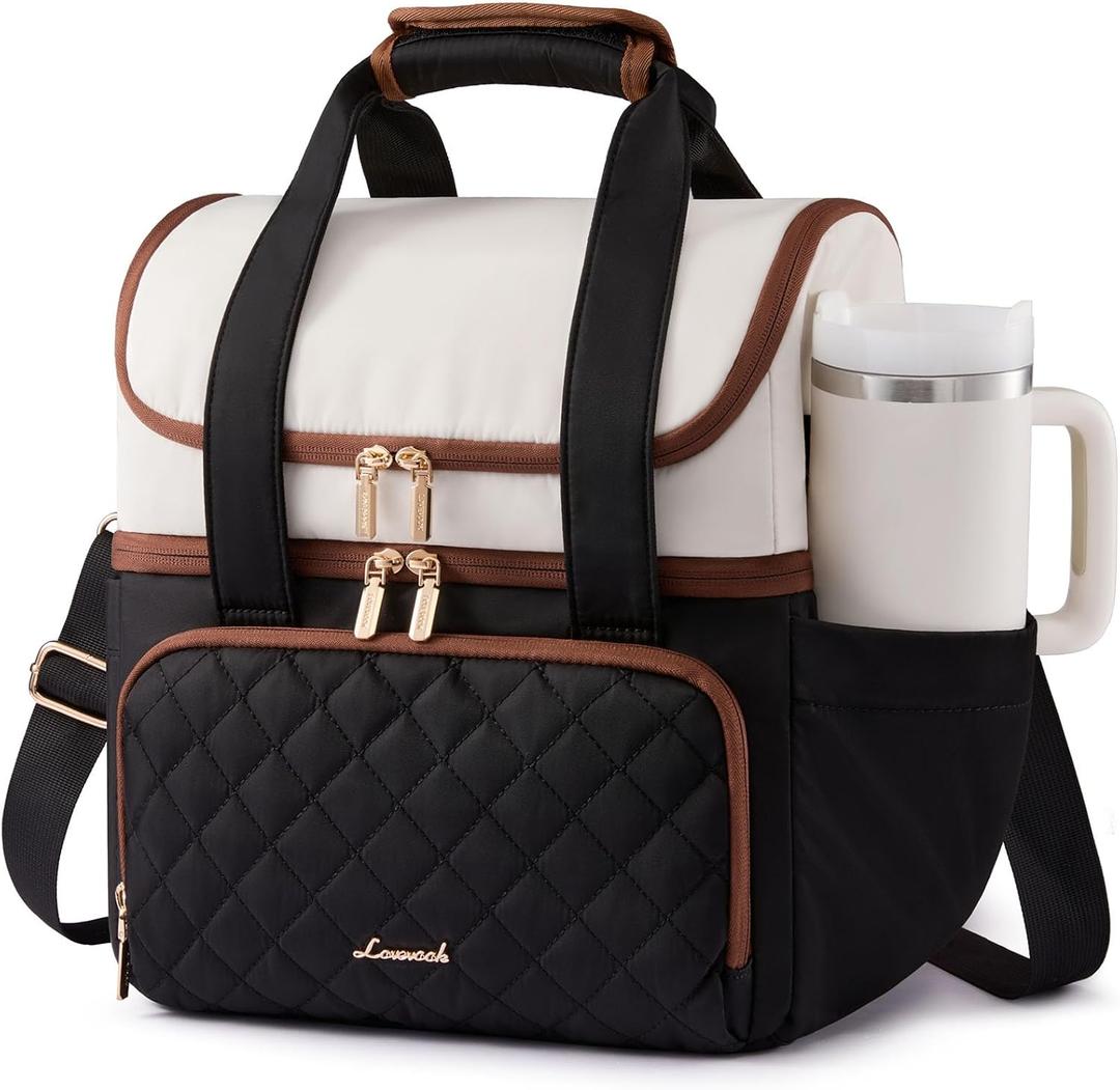 LOVEVOOK Insulated Lunch Bag for Women,Large Double Deck Adult Lunch Box,Teacher Lunch Tote Bag with Cup Holder,Leakproof Cooler Bag with Adjustable Shoulder Strap for Work Picnic Beach,Larger 15L