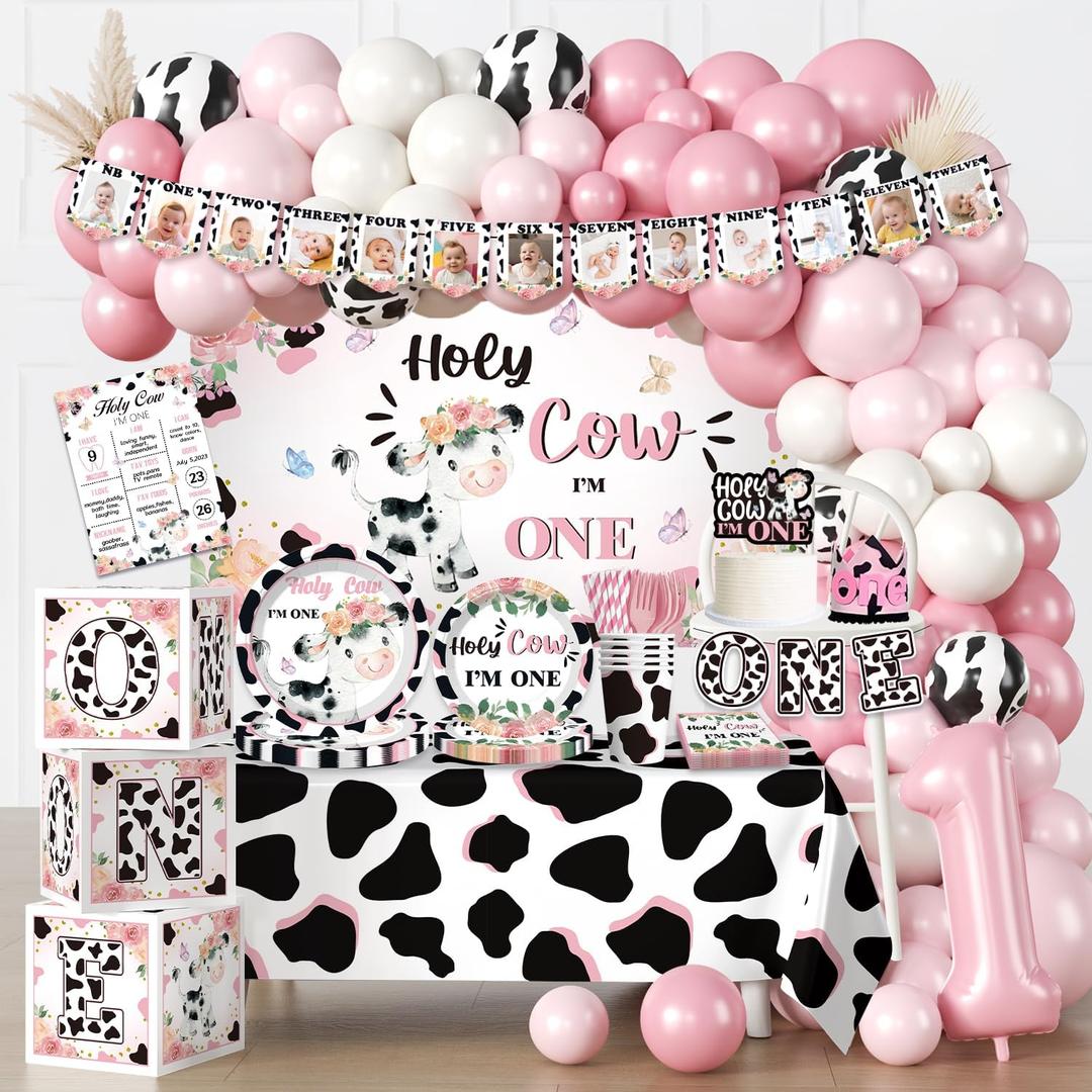 cocomigo 232pcs Holy Cow I'm One Birthday Decorations Complete Party Set, Holy Cow I'm One Theme 1st Birthday Decorations Girl, for Cow Print Theme Party Serves 20 Guests