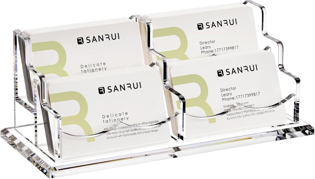 SANRUI Acrylic Business Card Holder for Desk, Horizontal Clear Name Card Display Stand Desktop Display Stand for Business Cards, Business Card Organizer, Perfect for Offices & Professionals 4 Slots