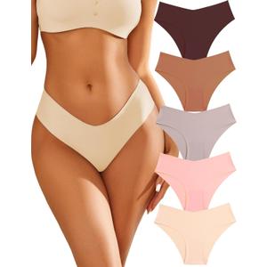 Womens Seamless Underwear Soft Stretch Briefs Invisibles Hipster V Cut cheeky No Show Bikini Panties 5 pack,Size: X-Small