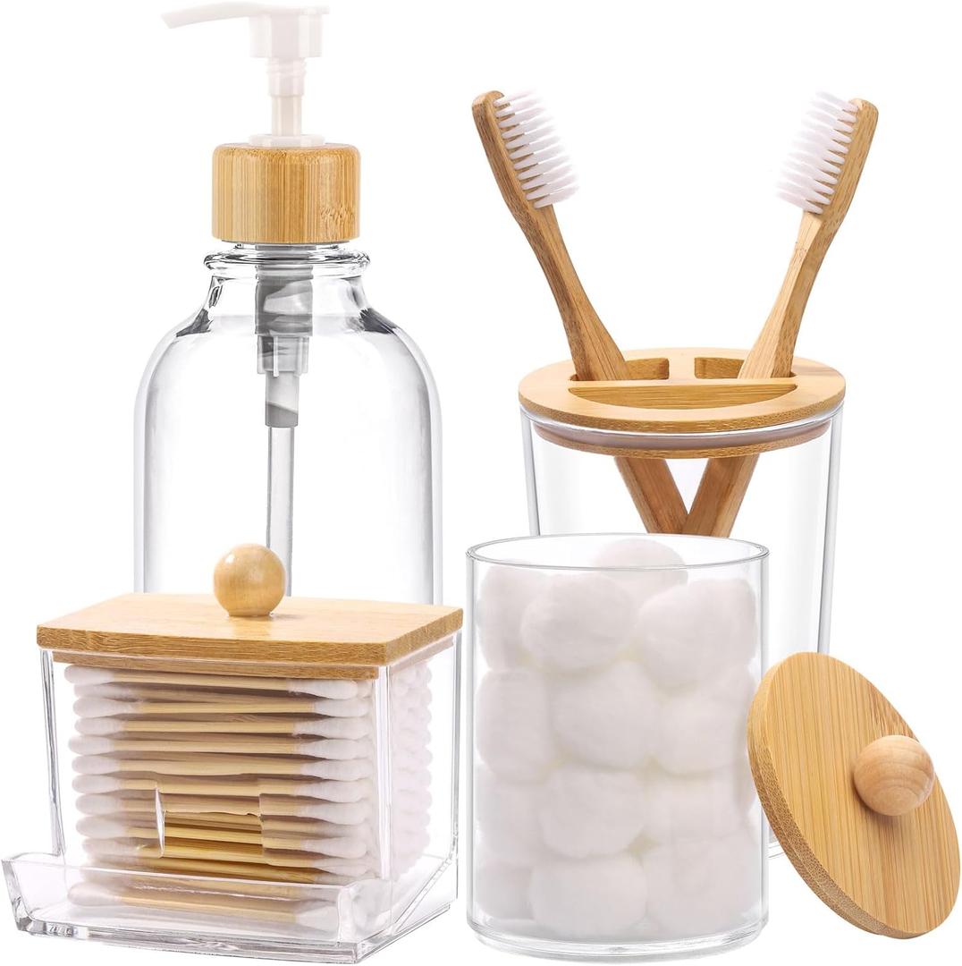 Bamboo Bathroom Accessories Set 4 Pcs - Clear Toothbrush Holder Plastic Soap Dispenser and 2 Qtip Holder Cotton Swab/Pad/Ball Container Jar