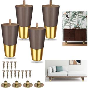 JAMIEWIN Wood Furniture Legs 4 Inch Set of 4, Wooden Sofa Leg with Gold Caps, Mid-Century Modern Replacement Feet for Couch Dresser Cabinet Coffee Table TV Stand Armchair Ottoman etc
