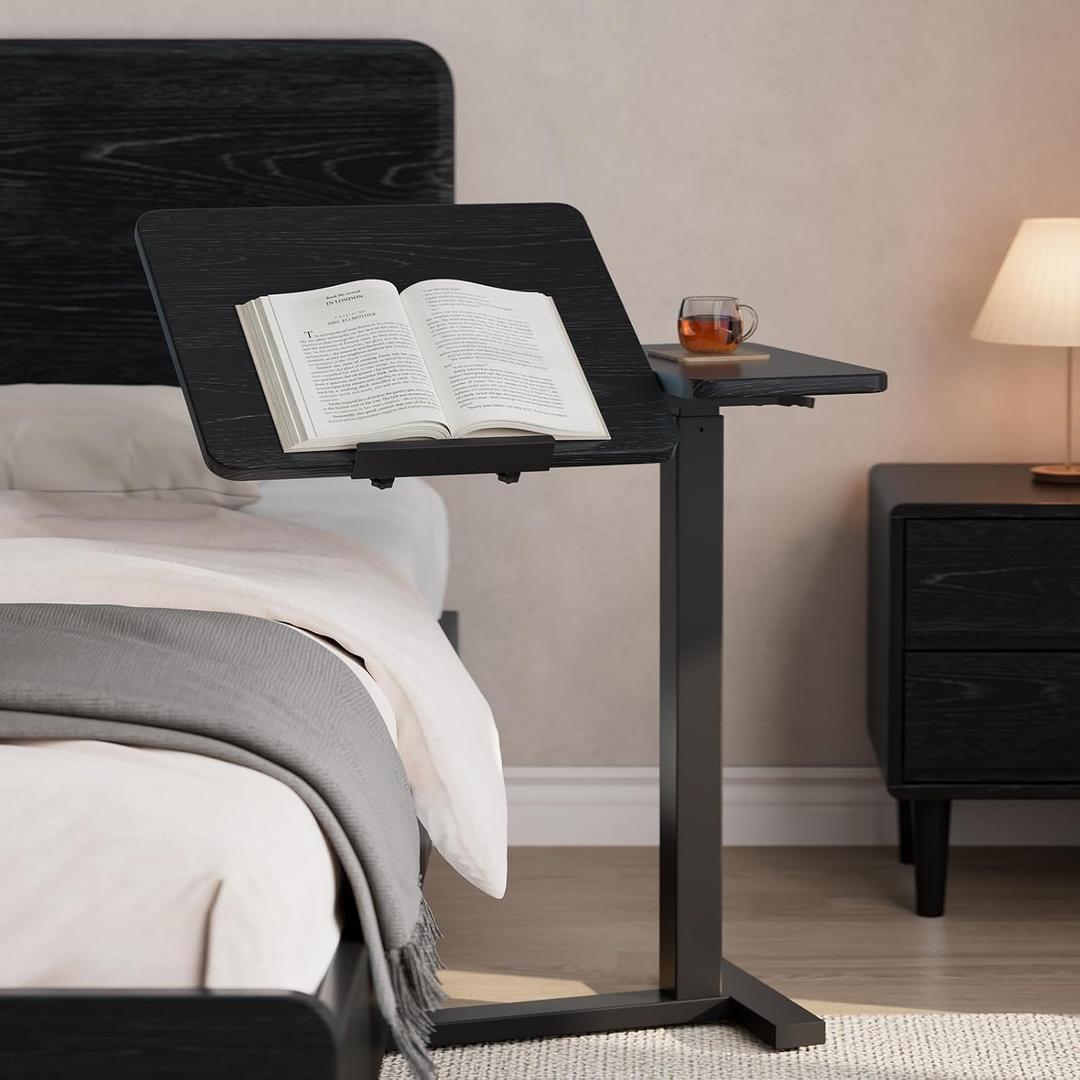 Solid Wood Overbed Bedside Table with Wheels, Tilting Adjustable Hospital Bed Table Over The Bed, Medical Mobile Laptop Stand, Rolling Standing Desk for Hospital and Home Use(Black), 27.5" x 15" x 27.5"