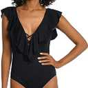 La Blanca Women's One Piece Swimsuit Over The Shoulder Ruffle Sleeve Tummy Control Island Goddess Bathing Suit, Size 8