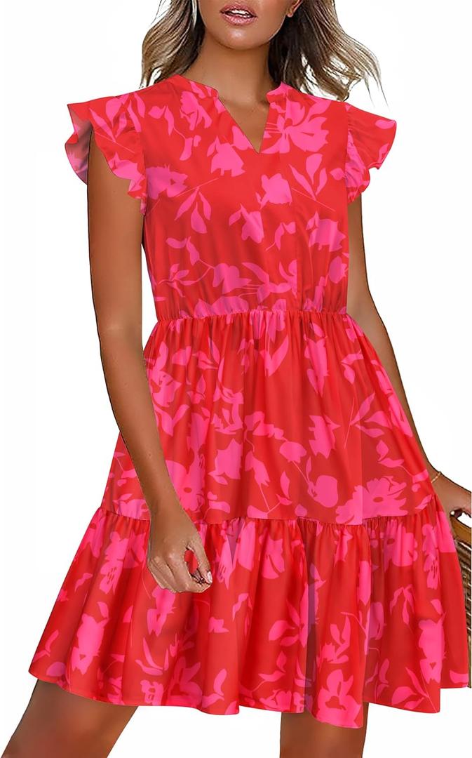HOTOUCH Women Printed Dress for Summer Short Ruffle Sleeve Dress Tiered Mini Dress with Pockets (M)