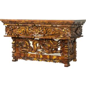 Tribe Azure Fair Trade Altar Table, Small Meditation Puja Table, Natural Wood Wiccan Buddhist Tea Table, Low Side Table (Brushed Gold Dragon)