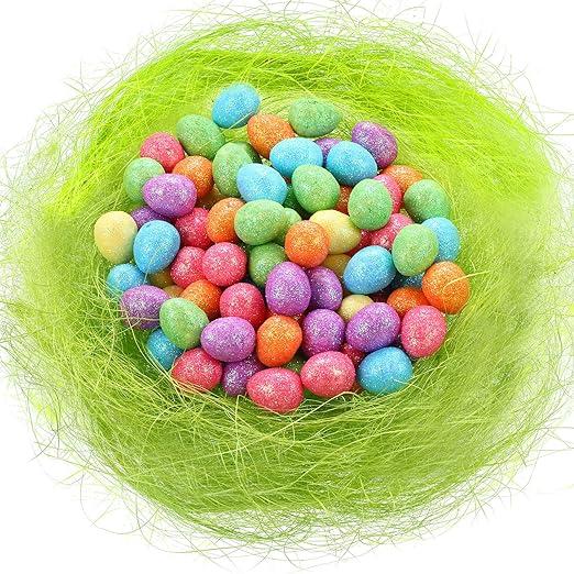 300 Pieces Glitter Easter Eggs Small Decorative Foam Eggs Ornaments Colorful Easter Ornaments with Shredded Paper Grass for Craft Home Decor, 0.6 x 0.7 Inch