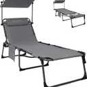 KingCamp Tanning Chair with Face Hole, Lounge Chairs Outdoor Folding Comfy Adjustable 5-Position Foldable Chaise Chaser with Canopy Shade for Outside Beach Patio Sun Bathing Pool, Grey