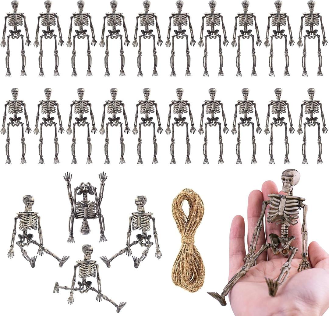 24 Pcs mini skeleton halloween decoration With hemp rope6small plastic posable halloween tiny skeleton figurines decor for Halloween Indoor Outdoor Graveyard Decor Haunted House Party Favors (Distressed Color-24pcs)