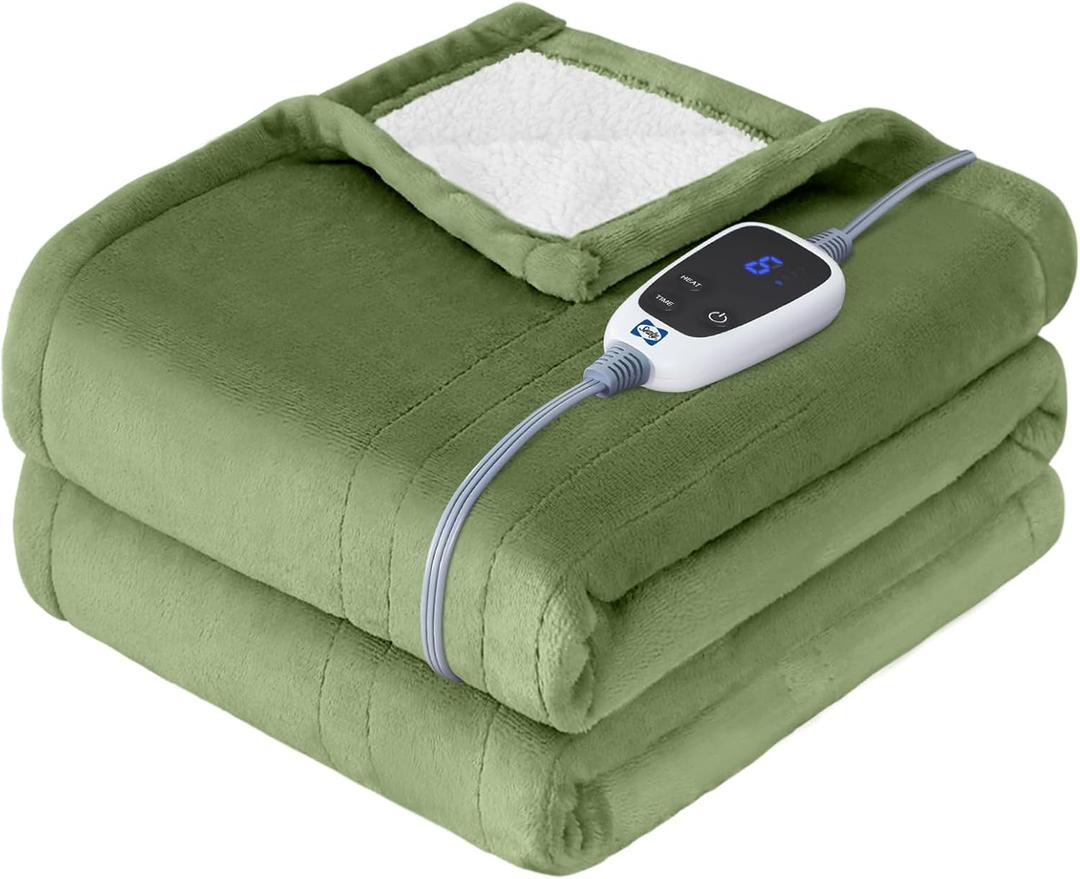 Sealy Heated Throw Blanket, Flannel & Sherpa Electric Throw with 6 Heat Setting & 2-10 Hours Auto Shut Off, Fast Heating & Machine Washable, 50x60 Inch, Green