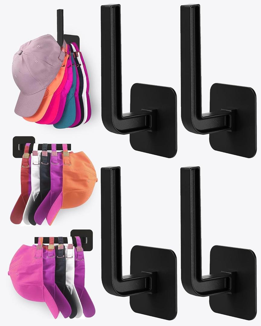 Sunfanie Hat Rack for Hat Storage (4-Pack), Multi-Purpose Hat Organizer, Strong Adhesive Hat Hooks for Wall Organizer for Baseball Caps, Two Mounting Options Hook, Black