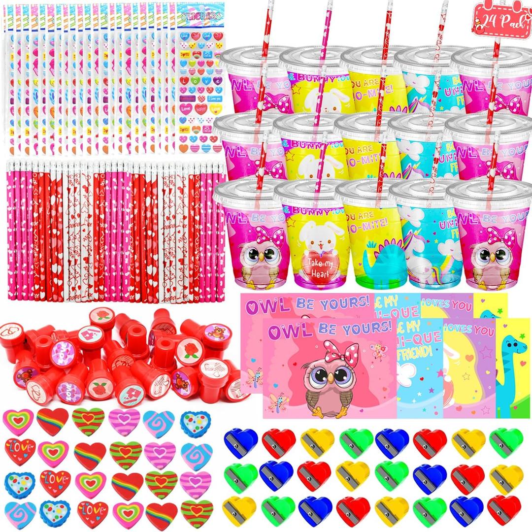 LUKBERA Valentine's Day Gifts for Kids - 24 Pack Valentines Classroom Stationery Set with Cards, Cups, Pencils, Erasers, Stampers & Stickers, Classroom Exchange Prize Boy Girls Party Favors