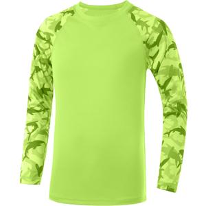 Boys UPF 50+ Long Sleeve Rash Guard, UV Sun Protection Swim Shirt | UPF 50+ sun protection. Quick-dry breathable fabric. Size 5T-16. Camo sleeve style for beach, surfing and fishing. (Green, XL)