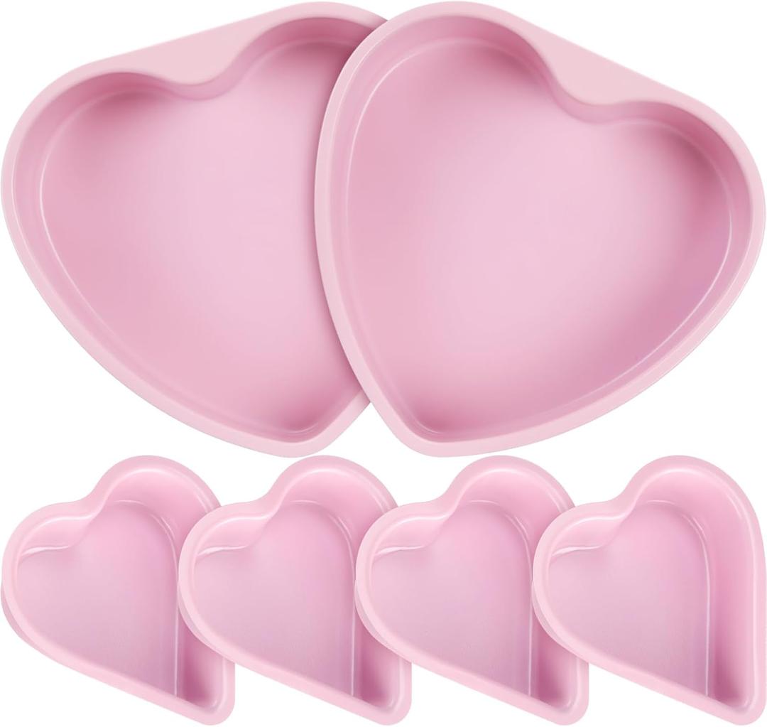 Nuogo 6 Pcs Heart Shaped Nonstick Cake Pans 8 Inch 4 Inch Pink Baking Pans Set Carbon Steel Cake Baking Mold for Valentine Bake DIY Weddings Party Favor Dishwasher Safe