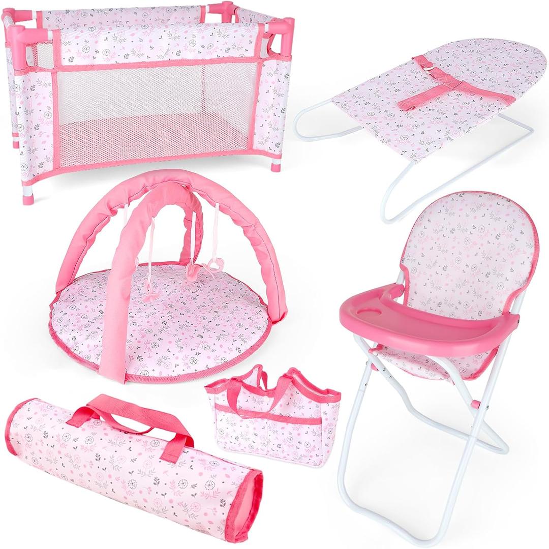 deAO Baby Doll Accessories12-14 Doll Playset with High Chair Crib Bed Play Mat Storage Bag Handbag - 6 in 1 Pink Dolls Playset with Furniture Gifts for Girls