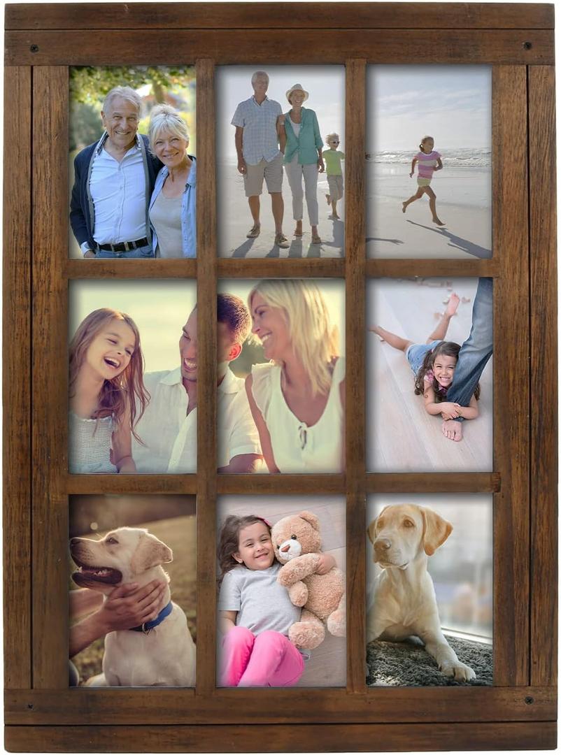Prinz Homestead Distressed Walnut Wood 9-Opening Collage Picture Frame, for 4" x 6" Photos, Wall Hanging, Horizontal or Vertical Display