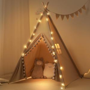 Kids Teepee Tent with Lights &Large Pompoms & Carry Bag, Machine Washable Tent for Kids Indoor, Toddler Teepee for Girls & BoysWithout Mat (Khaki+fur Ball)