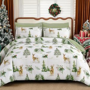 Luxudecor Christmas Blanket King Size, White Christmas Blanket, Xmas Tree and Reindeer Poinsettia Pattern, Reversible Xmas Holiday Decor