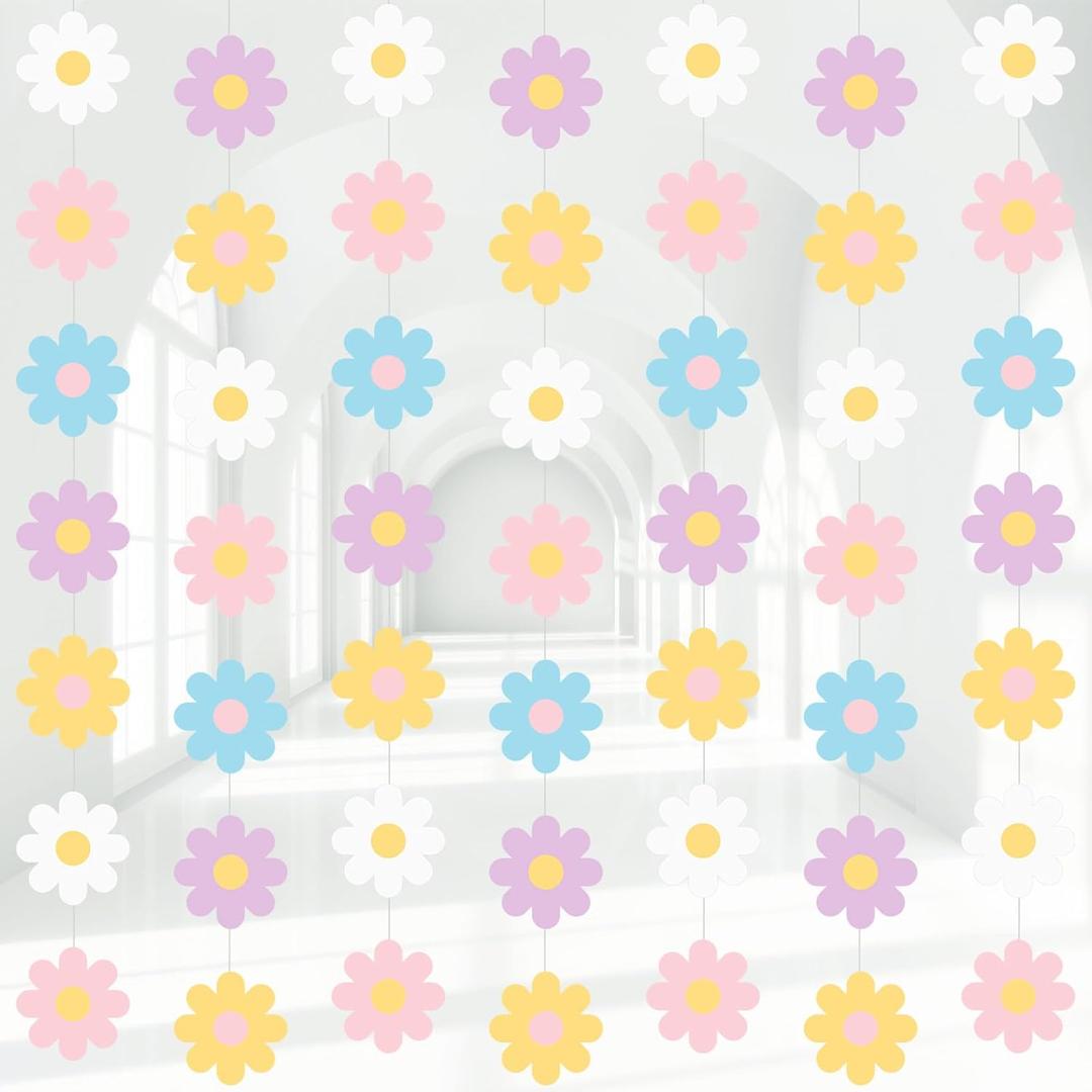 Pasimy 8 Pcs Daisy Boho Party Decorations Groovy Daisy Paper Garlands White Flower Hanging Garland Banner Hippie Flower Cutouts for Birthday Shower Wedding Party Favor Supplies (Fashion,Pastel)