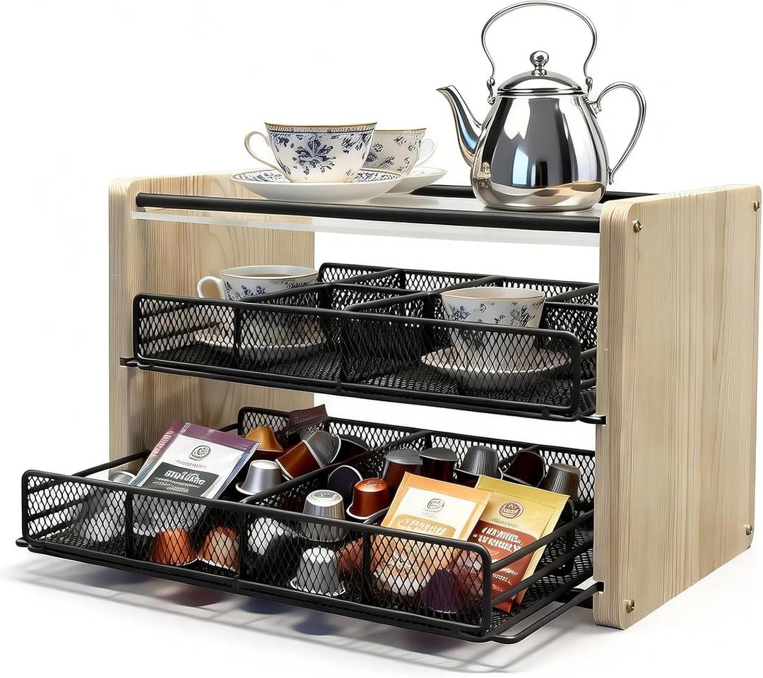 Tea Bag Organizer 3 Tier Wooden Tea Bag Holder with 16 Compartments Tea Storage Chest for Kitchen, Countertop, Office, Tea Station