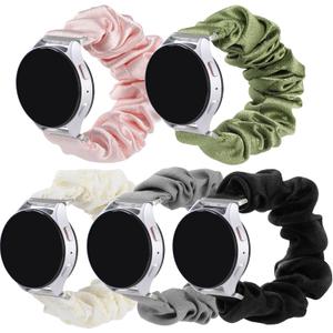 5 Packs 20mm Bands Scrunchie Band Compatible with Samsung Galaxy Watch 7 6 5 4 (40mm/44mm)/Galaxy Watch 3 (41mm)/Active/Active 2/Galaxy Watch 42mm for Women (Black/Pink/Green/Grey/White Lace)