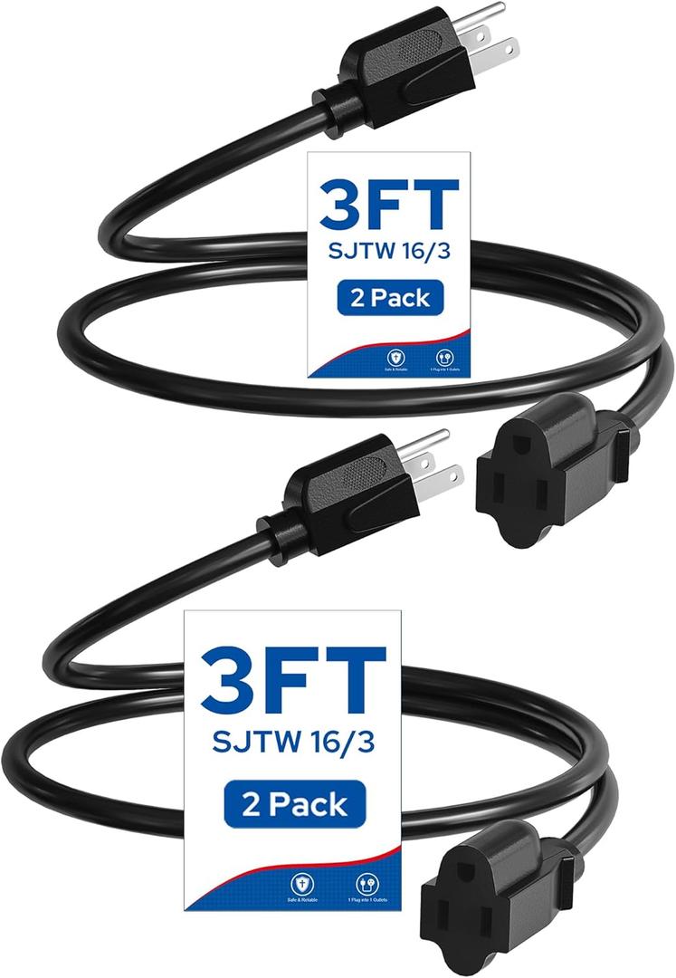 2-Pack Outdoor Extension Cord 3FT, 16/3 Gauge SJTW Power Cable for Indoor and Outside Use, 3 Prong Grounded Outlets Plugs for Christmas, Halloween, Decor & Lights, Black, ETL Listed B01ECP206