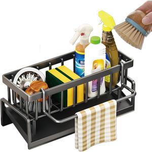 Kitchen Sink Caddy Organizer, Stainless Steel Sink Sponge Holder,45Tilt Self-Drainage, Sponge Drain Rack with Dish Brush Holder,Removable Dishcloth Rack for Kitchen Storage Dispenser, Grey 