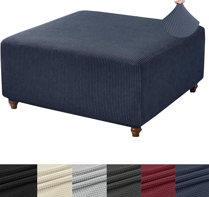 ANWUCHEN Stretch Knitted Jacquard Ottoman Cover - Soft Slipcover for Square Storage Ottoman - Thick Foot Stool Cover With Elastic Bottom, Medium Coffee, Color: Blue, 30"D x 25"W x 18"H